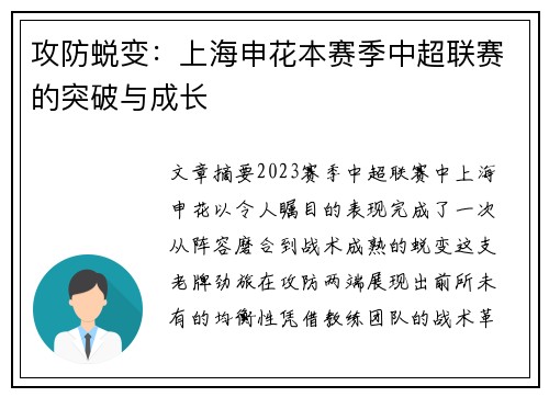 攻防蜕变：上海申花本赛季中超联赛的突破与成长